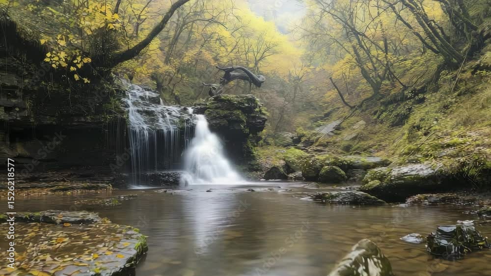 Poster a serene autumn forest scene featuring a gentle waterfall cascading into a clear, rocky stream surro