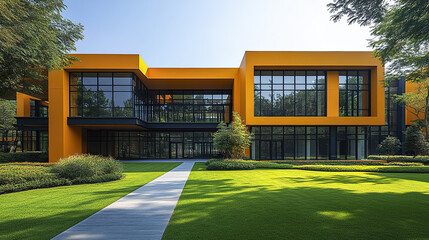 Modern yellow school building with green grass and clear sky, showcasing contemporary
