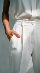 close-up of a woman's lower torso wearing white high-waisted trousers with hands tucked into pockets, clean bright background, strict minimalist style