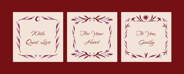 Set of three vertical greeting card templates with floral and botanical hand drawn borders. Autumn color palette with symmetrical layout. Illustration for postcards, prints, invitations, banners