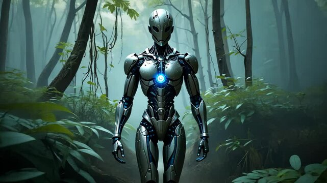 Futuristic silver humanoid robot standing in lush green forest with glowing chest core, surrounded by trees and fog. Concept of AI and nature convergence