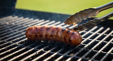 Close-up of a juicy sausage sizzling on a hot barbecue grill outdoors, tongs turning the bratwurst during a summer cookout.