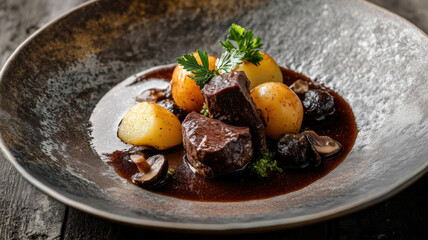 Gourmet beef stew with potatoes and mushrooms in rich sauce.