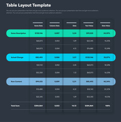 Table layout template with three options and a total sum row - dark version. Simple flat template for project data visualization.