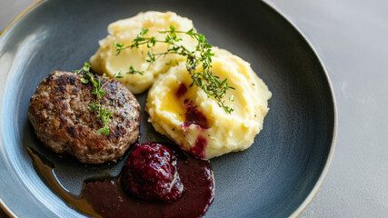 Venison patty with mashed potatoes and lingonberry sauce on gray plate.