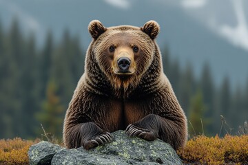 Obraz premium A bear in its natural habitat, its thick fur, strong build, and intense gaze, set against a forest mountainous backdrop.