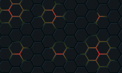 Dark hexagon abstract technology background with red and white bright flashes under the hexagon. Hexagon game vector technology illustration on black abstract background.Eps10