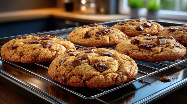 Freshly baked chocolate chip cookies cooling on a wire rack in a modern kitchen setting