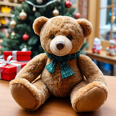 a teddy bear is sitting on a table with a christmas tree