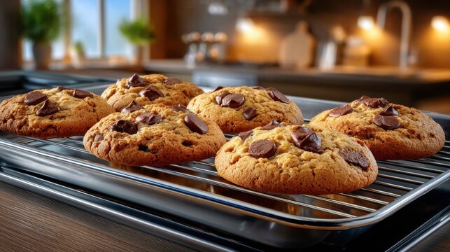 Freshly baked chocolate chip cookies cooling on a wire rack in a cozy kitchen setting