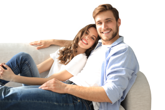 Portrait of cute young couple sitting in sofa on a transparent background - Powered by Adobe