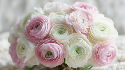 Obraz premium Pink and white ranunculus bouquet, a delicate floral centerpiece symbolizing grace and elegance.