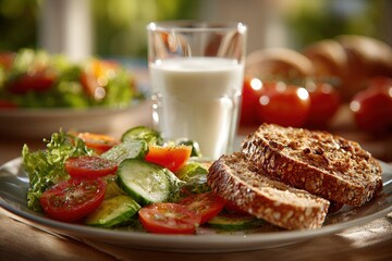 Freshly prepared salad with vibrant vegetables, whole grain bread slices, and a glass of milk on a wooden table, showcasing a healthy meal concept and inviting atmosphere