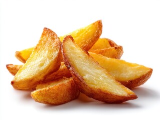 Pile of crispy potato wedges on a white background