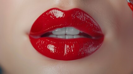 Obraz premium Close-Up of Glossy Red Lips with Perfectly Applied Lipstick