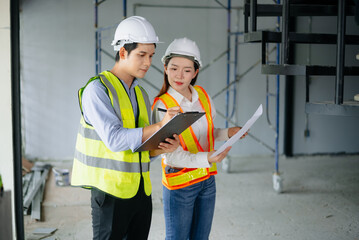 Contractor and architect looking at plan, tablet, laptop and talking about working on big project. Building in construction
