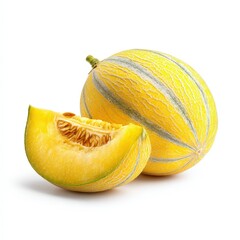 Juicy Yellow Melon Ripe Honeydew Melon Slice and Whole Fruit Isolated on White Background