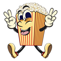 cartoon popcorn box mascot with big smile raising two hands in peace sign while jumping happily, funny snack character vector illustration isolated on transparent background, work of hand drawn