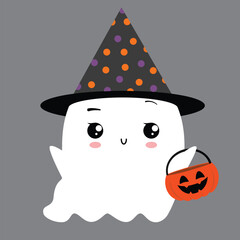 Cute flat ghost in a black party hat with a pumpkin-shaped candy basket in his hands. Vector illustration isolated on black background