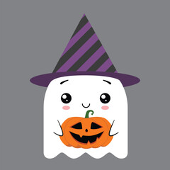 Cute flat ghost in a black party hat with a Halloween pumpkin in his hands. Vector illustration isolated on black background