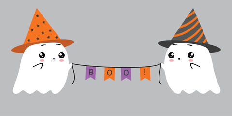 Two cute flat ghosts in party hats holding a garland of flags with the word Boo! written on them. Vector illustration isolated on black background