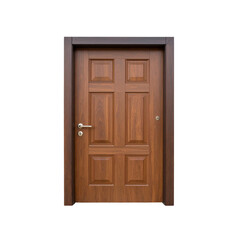 Obraz premium Old, brown wooden door on an exterior wall, a classic front entrance design for a house or building