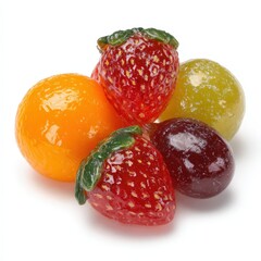 Delicious Assorted Fruit Candies Close up of Sweet Strawberry Grape and Orange Gummies