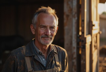 Obraz premium Worker standing at a muddy barn door, showcasing a rugged and experienced look