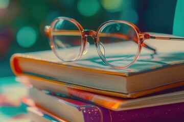 A stack of colorful books with stylish glasses resting on top, surrounded by a vibrant blurred background