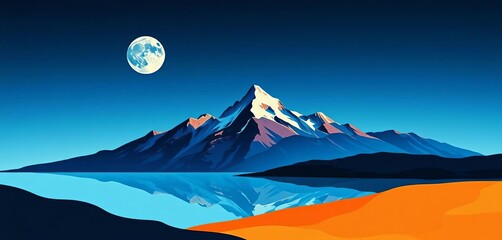 Abstract minimalist mountain sea moon collage Flat vector landscape design for wall art,  tranquil,  landscape
