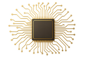 Central processing unit connecting with golden wires on a transparent background, ideal for technology and computing concepts