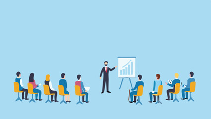 Business presentation with a presenter and audience in a meeting room showing a graph on a whiteboard