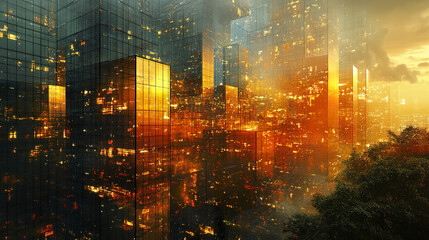Fototapeta premium stunning cityscape featuring reflective skyscrapers illuminated by warm golden lights