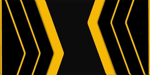 Black abstract wide horizontal banner with orange and gray lines, arrows and angles. Dark modern sporty bright futuristic abstract background. Wide vector illustration EPS10.