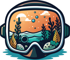 Underwater view from a scuba mask depicting a tranquil ocean landscape with sun and seaweed