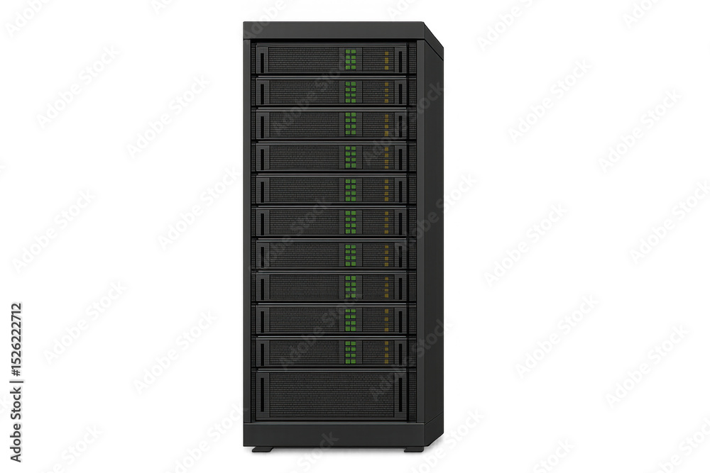 Poster server rack with blinking green lights processing and storing data on a transparent background