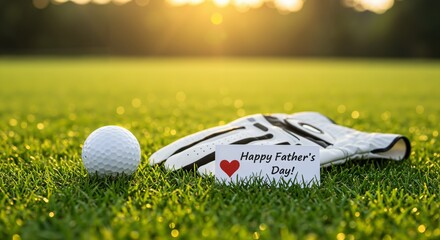 Happy Father's Day greeting card with golf ball and glove on a sunlit green golf course. Celebration concept for a golfing dad.