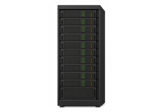 Server rack with blinking green lights processing and storing data on a transparent background
