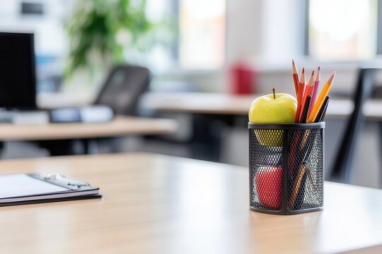 A vibrant desk scene featuring a green apple, red apple, and colorful pencils in a mesh holder - Powered by Adobe