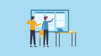 Two people collaborating on a project using a digital whiteboard in a modern office space setting