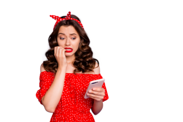 Pretty lady with telephone afraid to read email with test grades wear off-shoulders dress isolated purple background