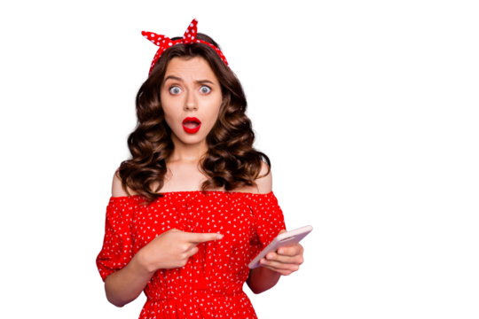 Beautiful lady indicating finger on telephone not believe big price wear off-shoulders dress isolated purple background