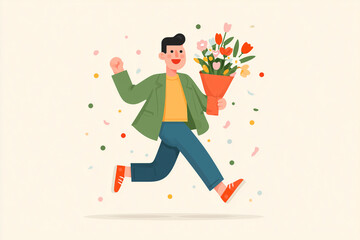Flat vector illustration of a joyful business person in casual suit jumping mid-air, holding a vibrant bouquet of flowers, colorful ribbons swirling around