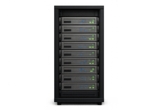 Server rack with blinking lights on a transparent background, representing modern technology, data storage, and network infrastructure