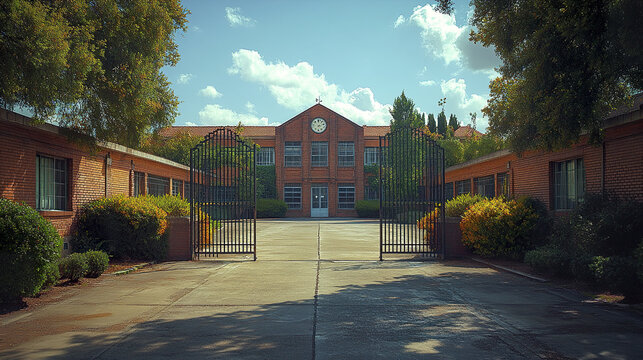 beautiful school building facade with opened metal gate, surrounded by greenery and blue skies