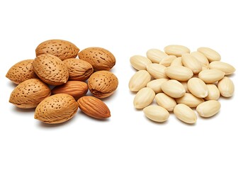 Almonds with and without shells on white