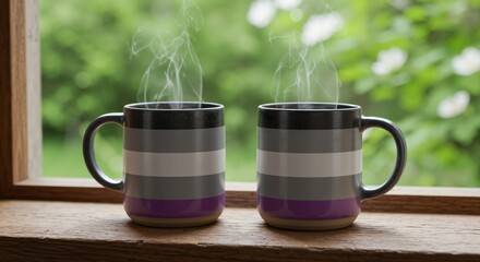 Two steaming mugs with asexual pride flag colors sit on a wooden windowsill. Hot coffee or tea in striped cups with a blurred green garden background, evoking a cozy morning.