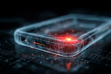 A digital illustration of an smartphone, portrayed with a network of glowing clean pristine blue lines 