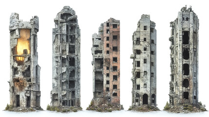 Ruined skyscrapers stand isolated, showcasing decay and abandonment, evoking sense of desolation