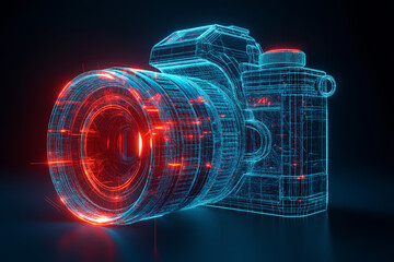 A digital illustration of a Camera, portrayed with a network of glowing clean pristine blue lines 
